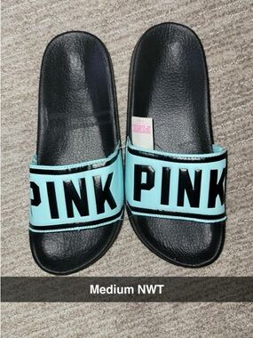 NWT Original VS PINK Slide Sandals in Aqua & Black